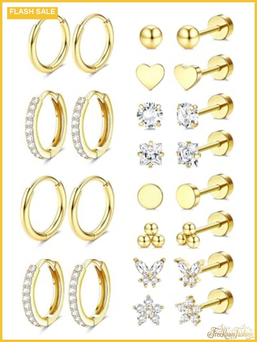 Hypoallergenic Flat Back Earrings for Women Cartilage Earring Stacks Set of 12